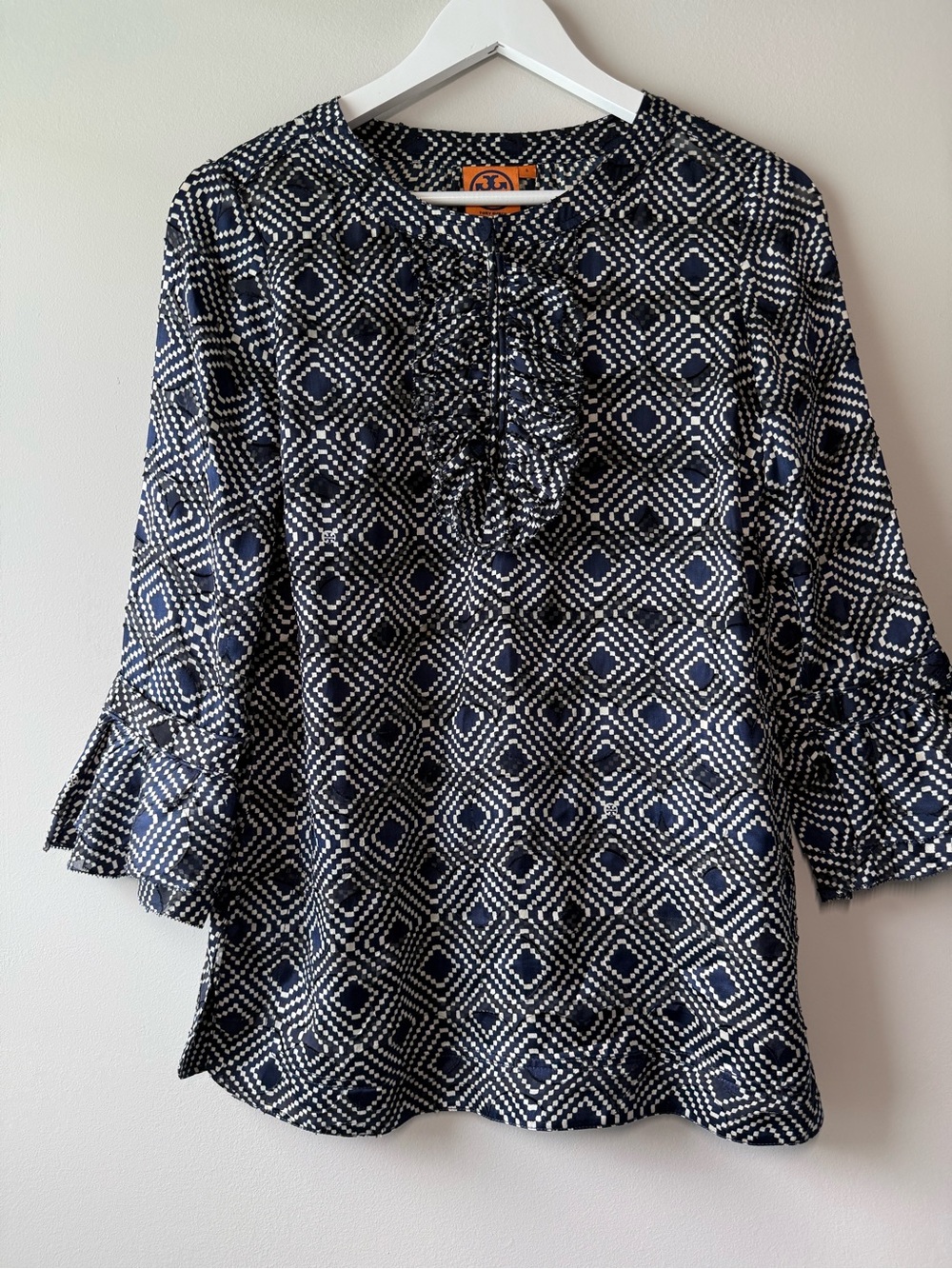 Tory Burch Navy Ivory Silk Blend Ruffle Blouse Size 2